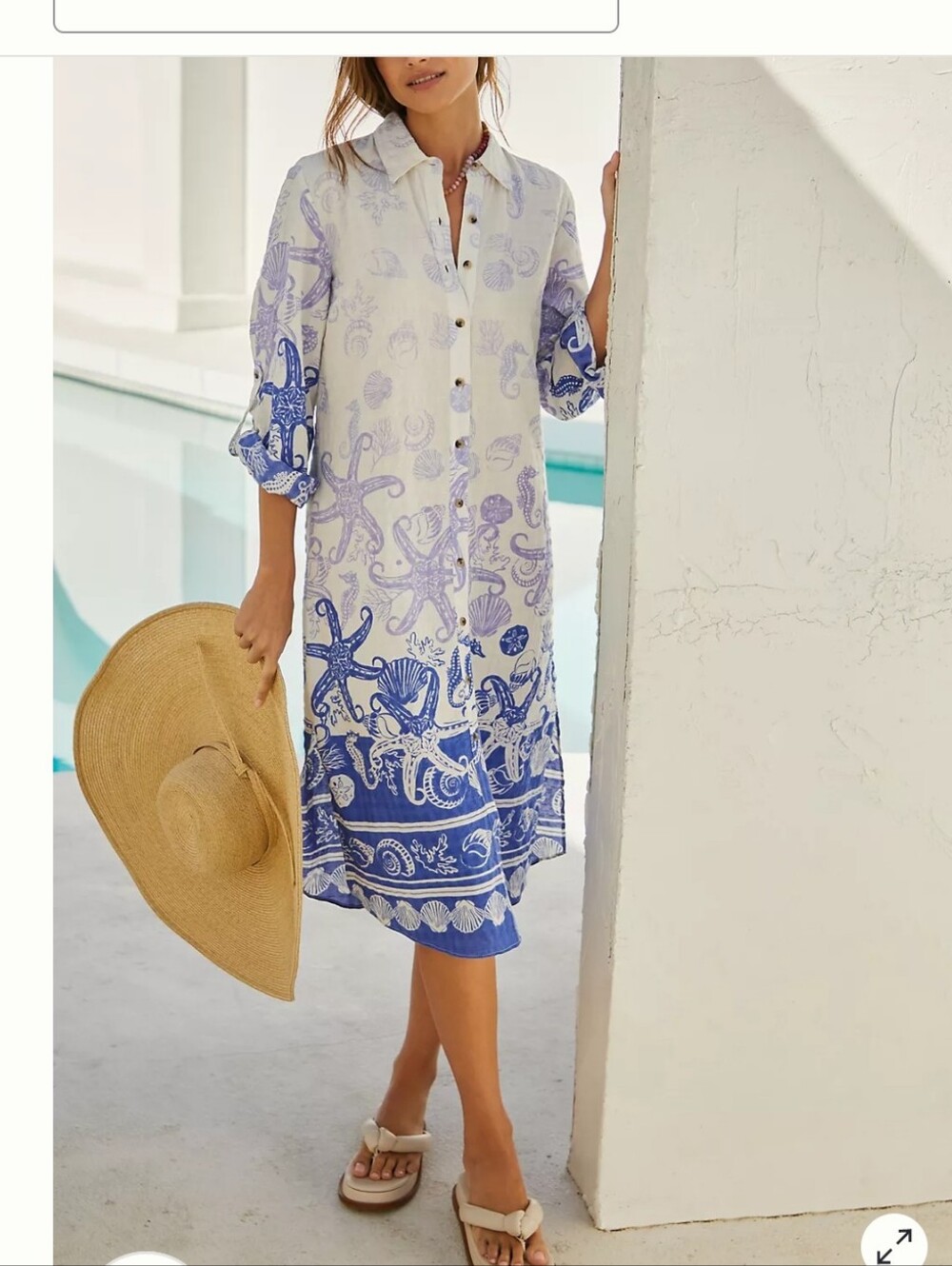 Anthropologie White and Blue Seashell-Print Button-Down Dress